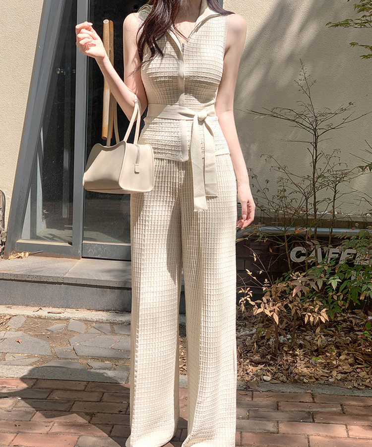 【SET】ワッフルセーラーニット+ワイドロングパンツ BEIGE