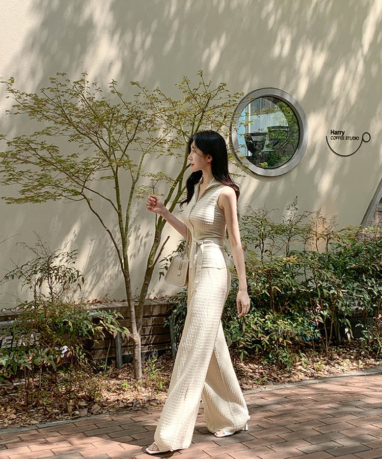 【SET】ワッフルセーラーニット+ワイドロングパンツ BEIGE