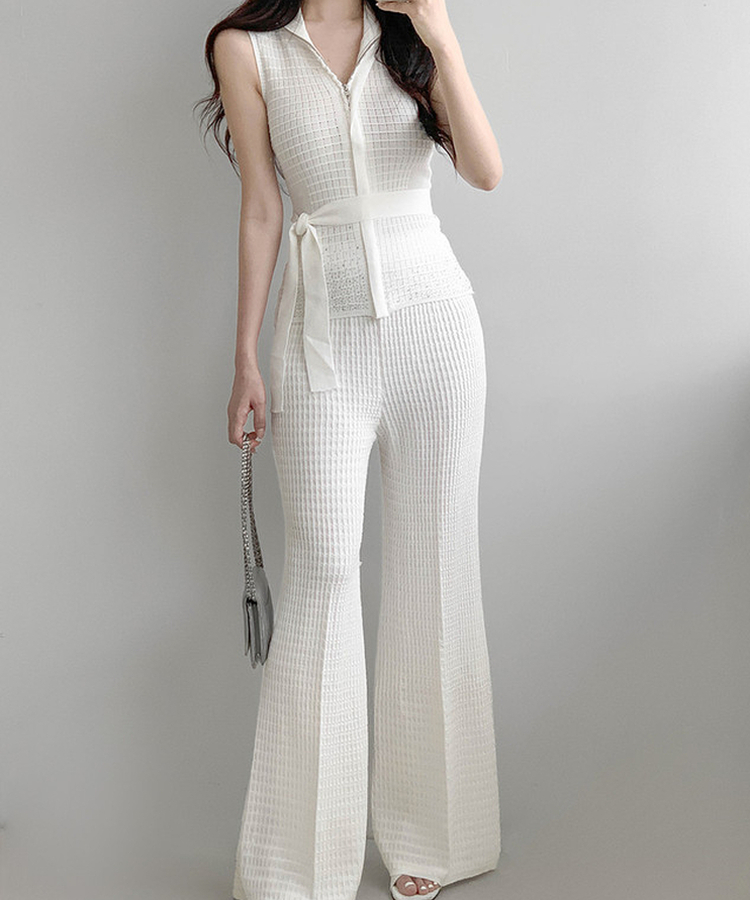 【SET】ワッフルセーラーニット+ワイドロングパンツ IVORY