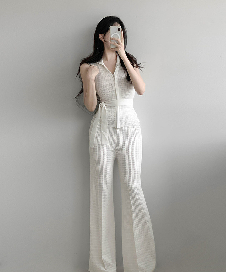 【SET】ワッフルセーラーニット+ワイドロングパンツ IVORY