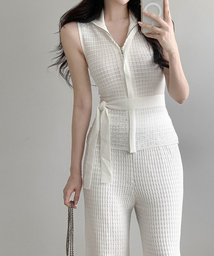 【SET】ワッフルセーラーニット+ワイドロングパンツ IVORY