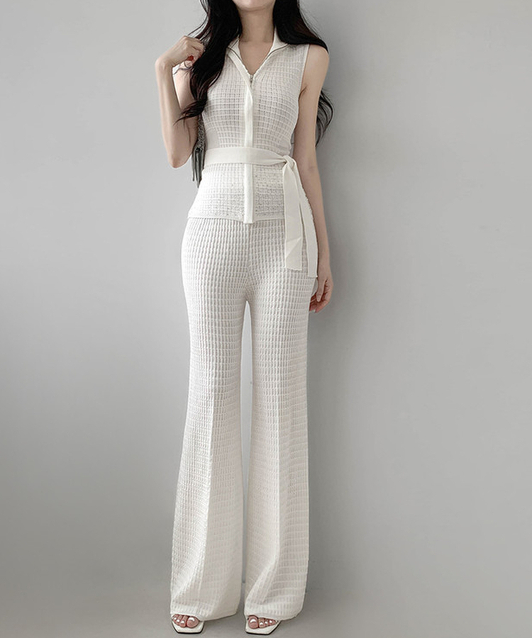 【SET】ワッフルセーラーニット+ワイドロングパンツ IVORY