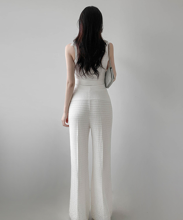 【SET】ワッフルセーラーニット+ワイドロングパンツ IVORY