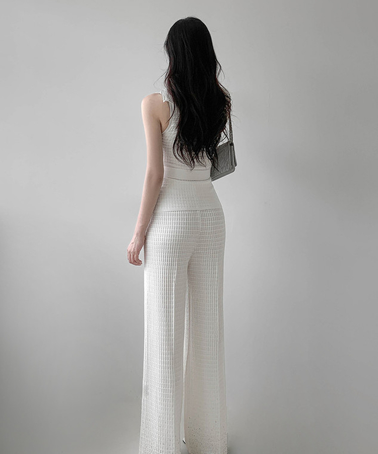 【SET】ワッフルセーラーニット+ワイドロングパンツ IVORY