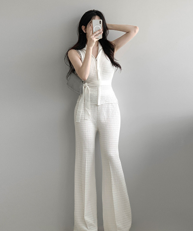 【SET】ワッフルセーラーニット+ワイドロングパンツ IVORY