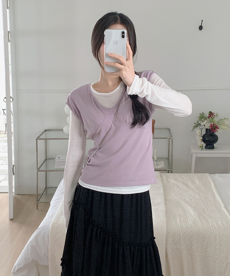 VネックレースTシャツ PURPLE