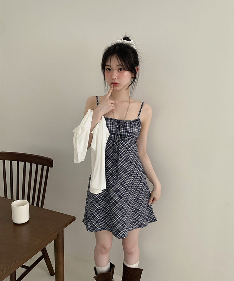 チェックリボンシャーリングキャミソールミニワンピース NAVY