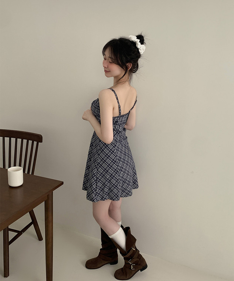チェックリボンシャーリングキャミソールミニワンピース NAVY