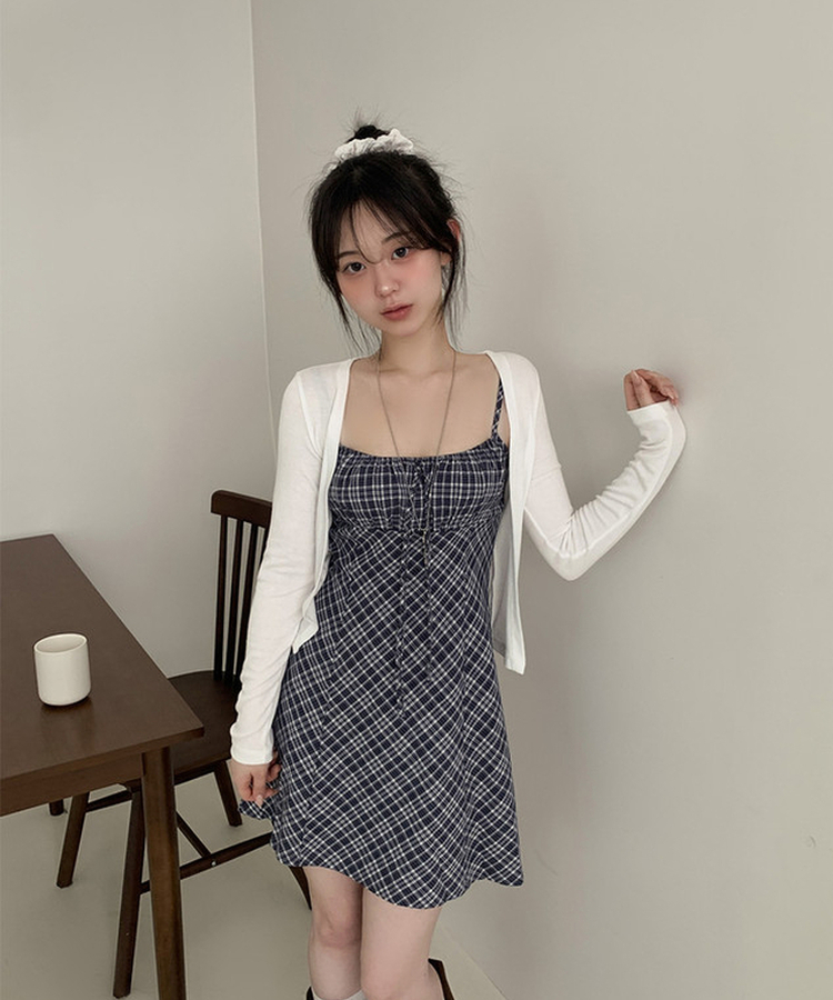 チェックリボンシャーリングキャミソールミニワンピース NAVY