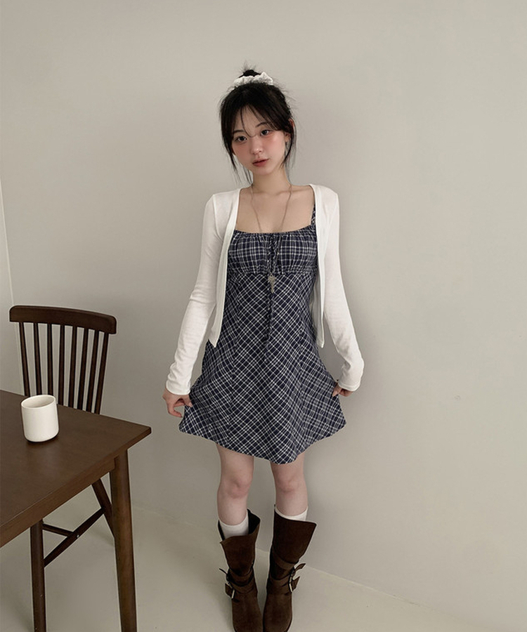 チェックリボンシャーリングキャミソールミニワンピース NAVY