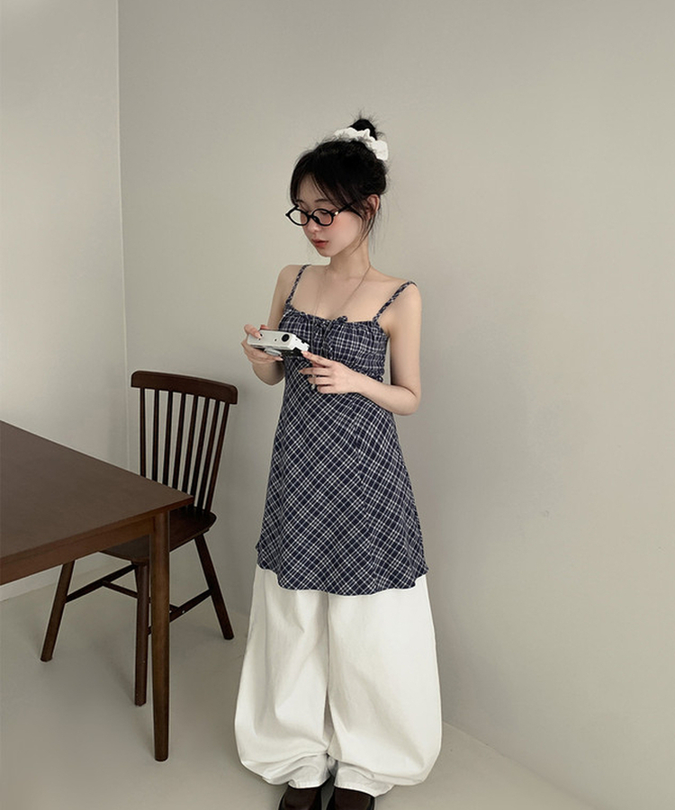 チェックリボンシャーリングキャミソールミニワンピース NAVY