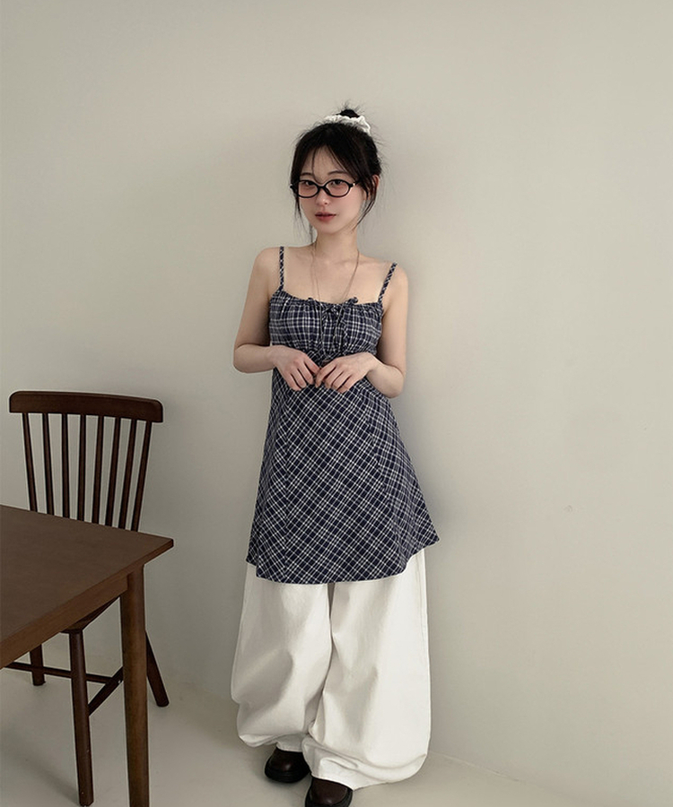 チェックリボンシャーリングキャミソールミニワンピース NAVY