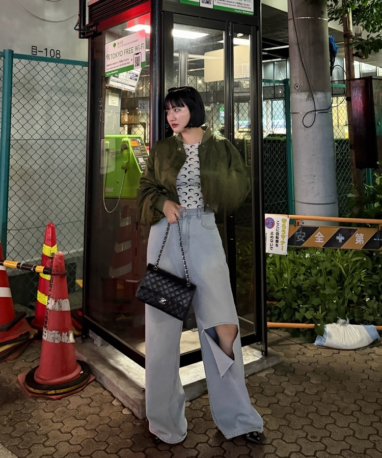 데미지 컷 와이드 데님 팬츠 연청