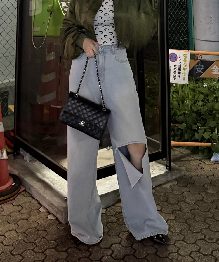 데미지 컷 와이드 데님 팬츠 연청