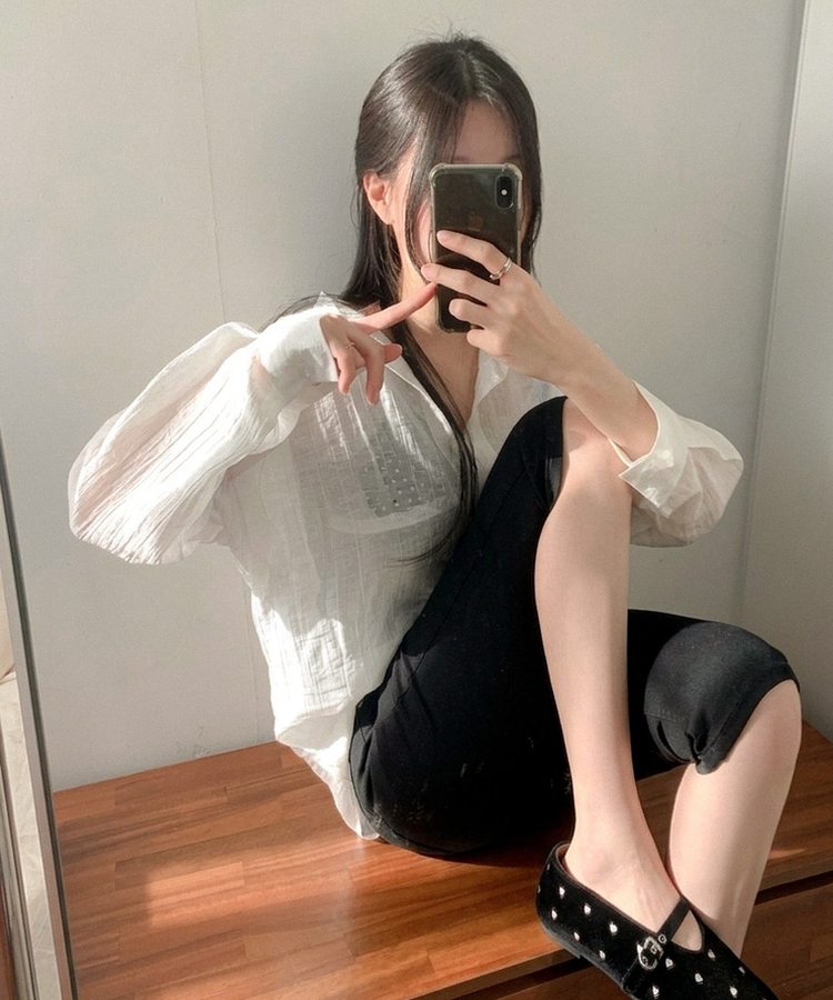 ルーズフィットカラー長袖シアーシャツ IVORY