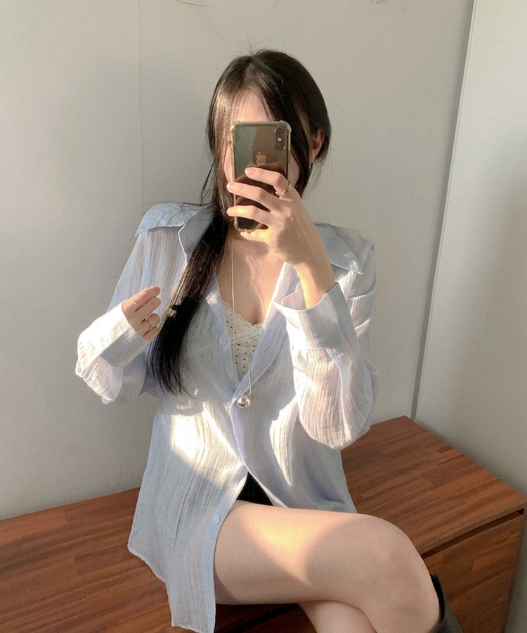 ルーズフィットカラー長袖シアーシャツ SKY BLUE