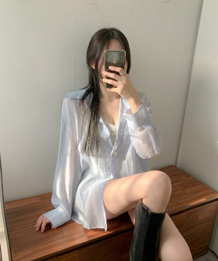 ルーズフィットカラー長袖シアーシャツ SKY BLUE