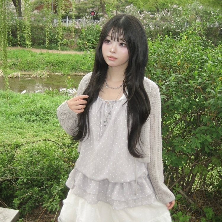 レイヤードホルターネックドットノースリーブトップス GREY