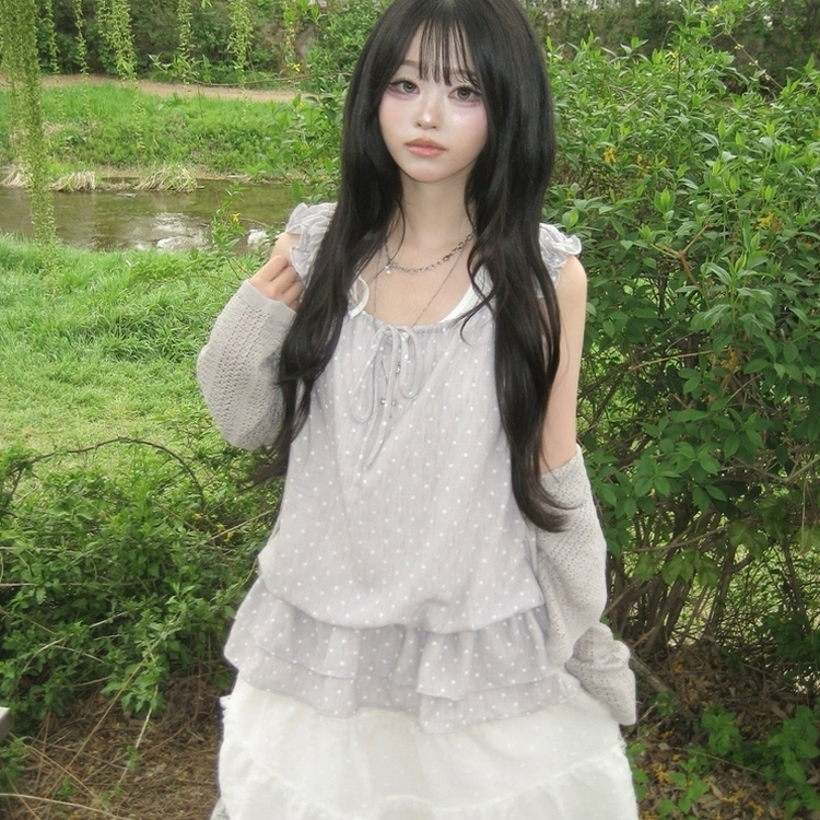 レイヤードホルターネックドットノースリーブトップス GREY