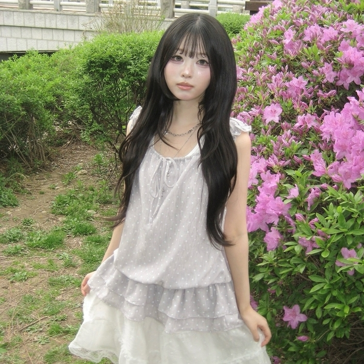 レイヤードホルターネックドットノースリーブトップス GREY