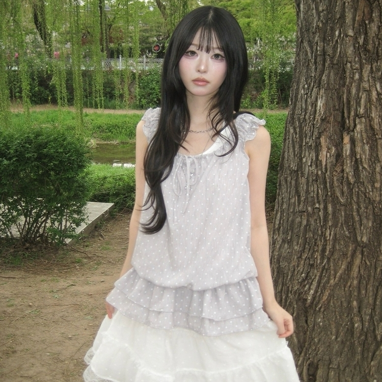 レイヤードホルターネックドットノースリーブトップス GREY