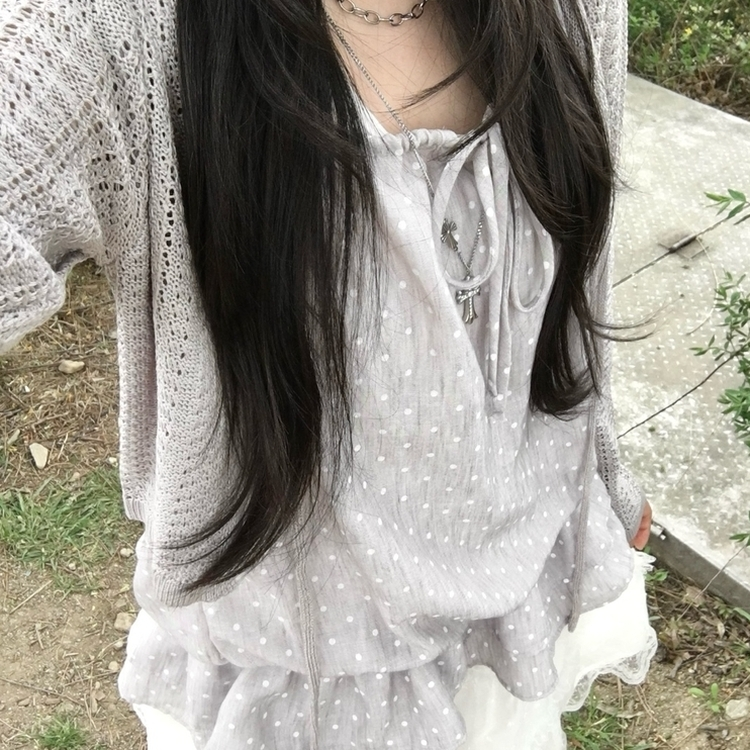 レイヤードホルターネックドットノースリーブトップス GREY