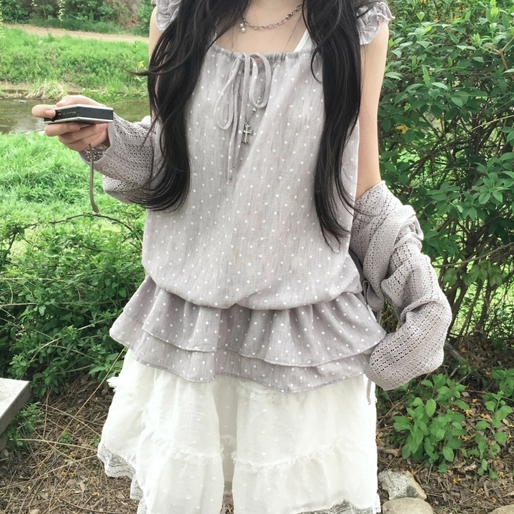 レイヤードホルターネックドットノースリーブトップス GREY