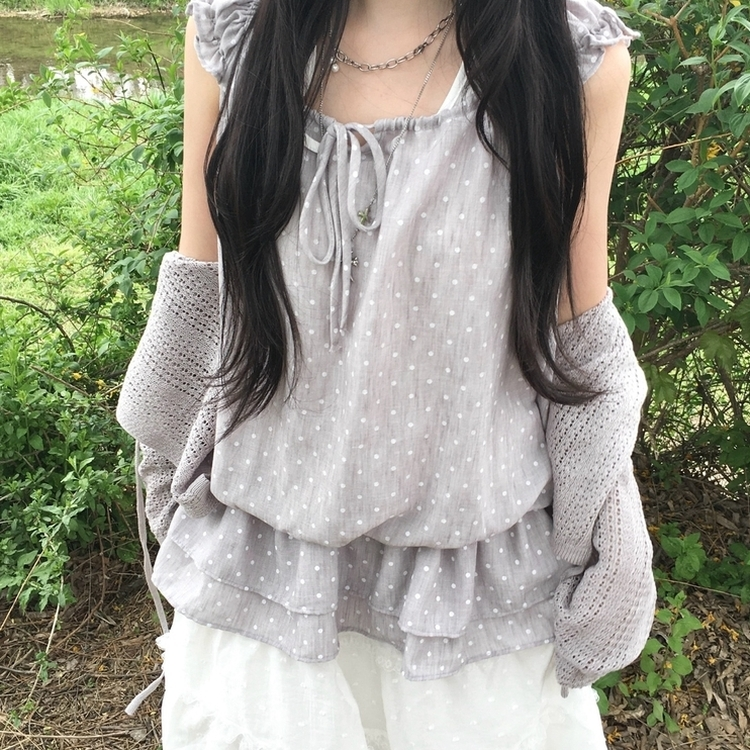 レイヤードホルターネックドットノースリーブトップス GREY