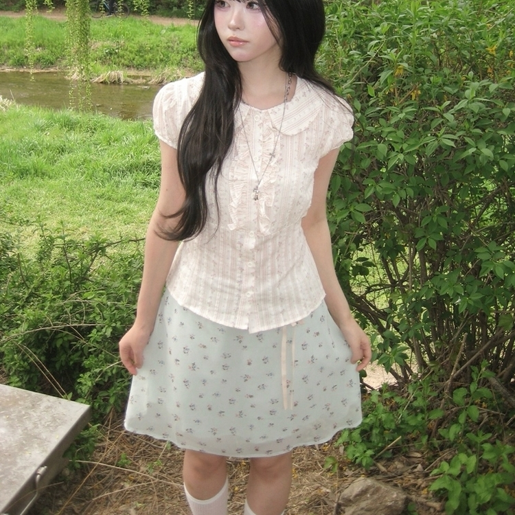 어른여자미 잔꽃 핑크 리본 쉬폰 청순 민트 밴딩 미디스커트 민트