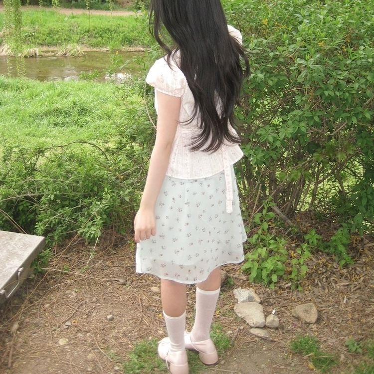 어른여자미 잔꽃 핑크 리본 쉬폰 청순 민트 밴딩 미디스커트 민트