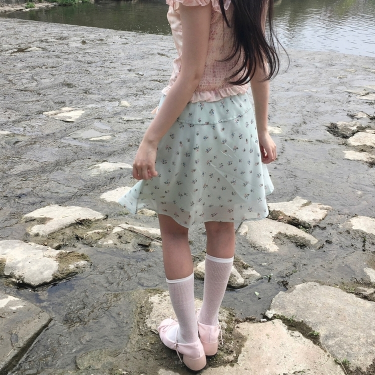어른여자미 잔꽃 핑크 리본 쉬폰 청순 민트 밴딩 미디스커트 민트