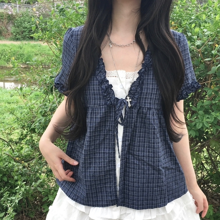 여름모리걸 쉬폰 시스루 체크 리본 프릴 나시 일체형 반팔 블라우스 바선생 레이스 곤색