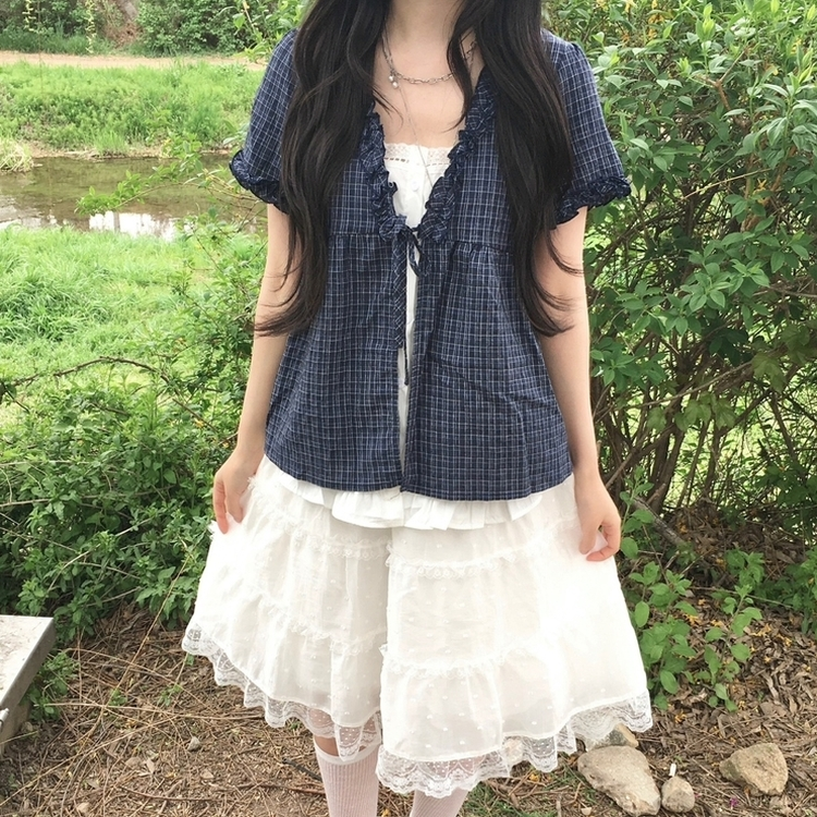 여름모리걸 쉬폰 시스루 체크 리본 프릴 나시 일체형 반팔 블라우스 바선생 레이스 곤색
