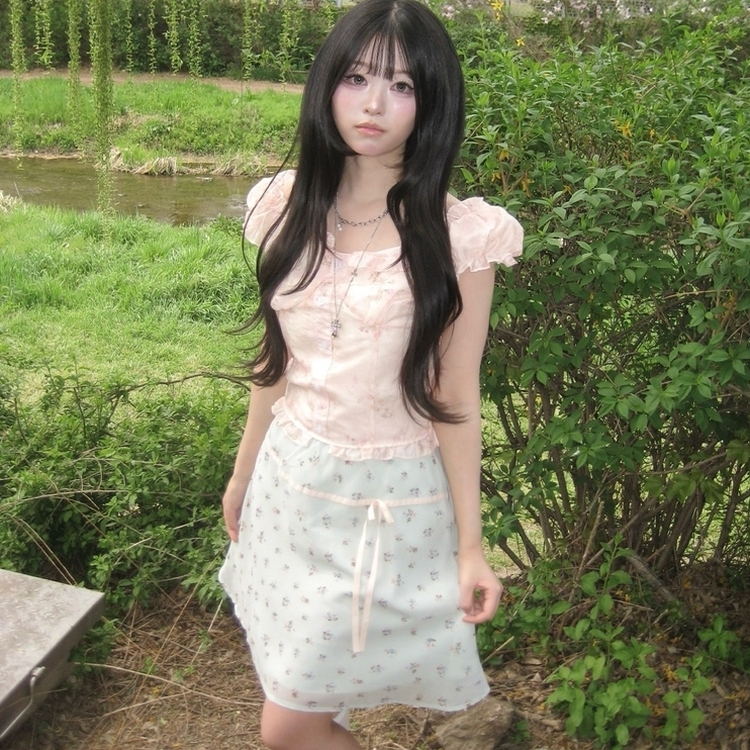 수채화 청순여리 잔꽃 프릴 나시 오프숄더 블라우스 여름 핑크