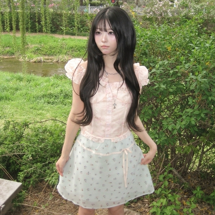수채화 청순여리 잔꽃 프릴 나시 오프숄더 블라우스 여름 핑크