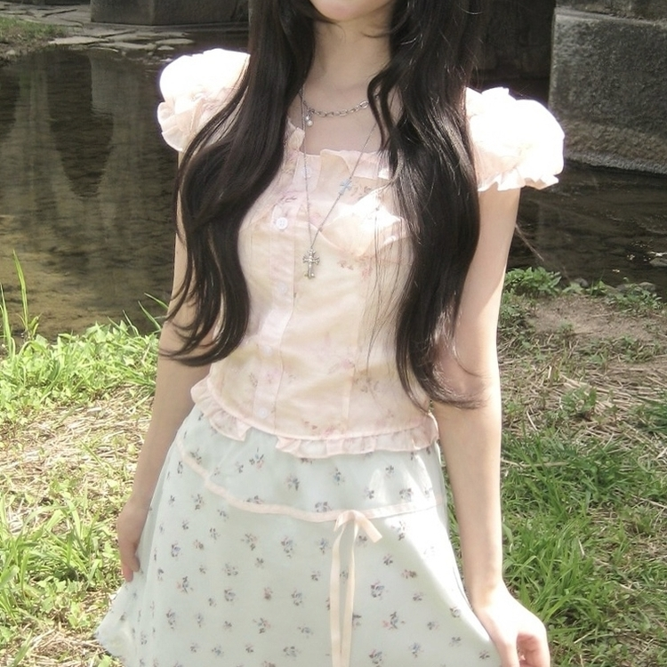 수채화 청순여리 잔꽃 프릴 나시 오프숄더 블라우스 여름 핑크