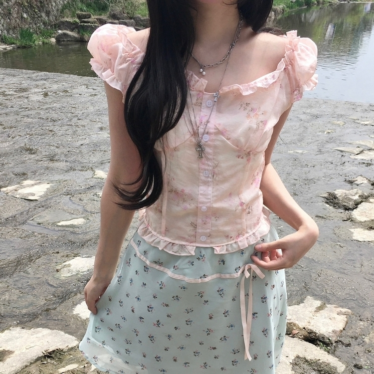 수채화 청순여리 잔꽃 프릴 나시 오프숄더 블라우스 여름 핑크