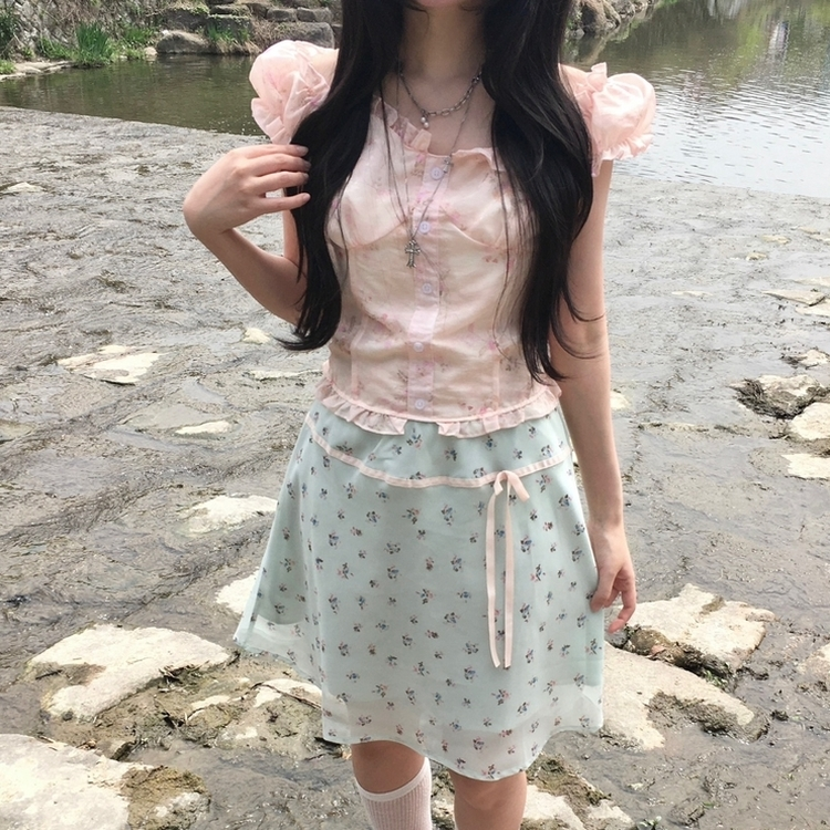 수채화 청순여리 잔꽃 프릴 나시 오프숄더 블라우스 여름 핑크