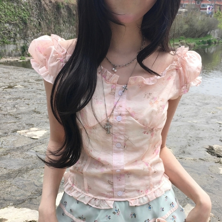 수채화 청순여리 잔꽃 프릴 나시 오프숄더 블라우스 여름 핑크