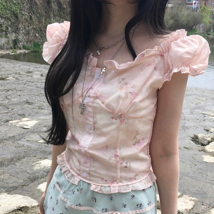수채화 청순여리 잔꽃 프릴 나시 오프숄더 블라우스 여름 핑크