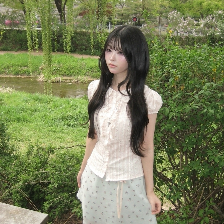 丸襟フリルバックリボン半袖ブラウス PINK