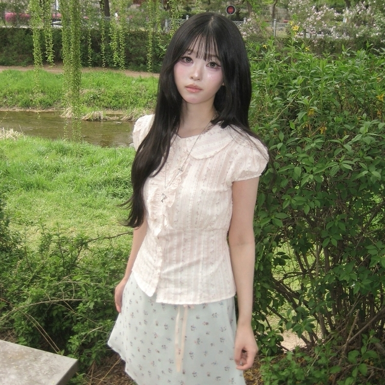 丸襟フリルバックリボン半袖ブラウス PINK