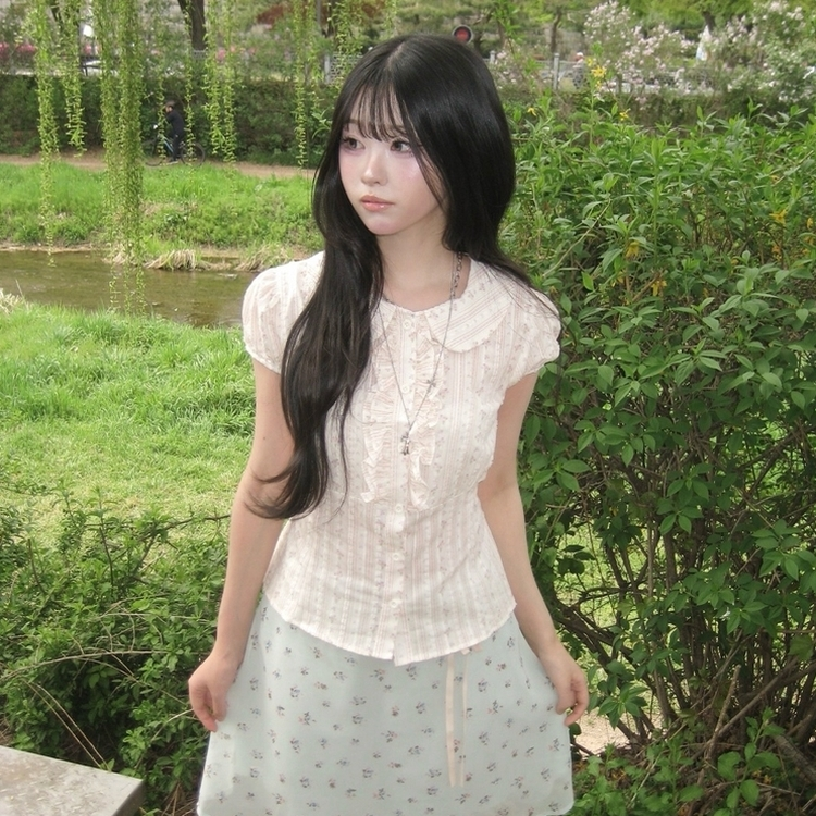 丸襟フリルバックリボン半袖ブラウス PINK