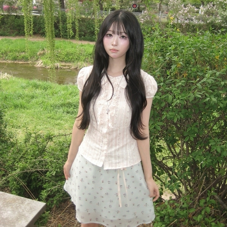 丸襟フリルバックリボン半袖ブラウス PINK