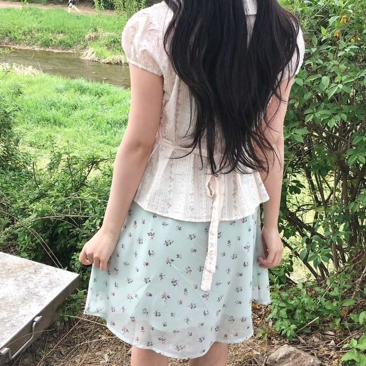 丸襟フリルバックリボン半袖ブラウス PINK