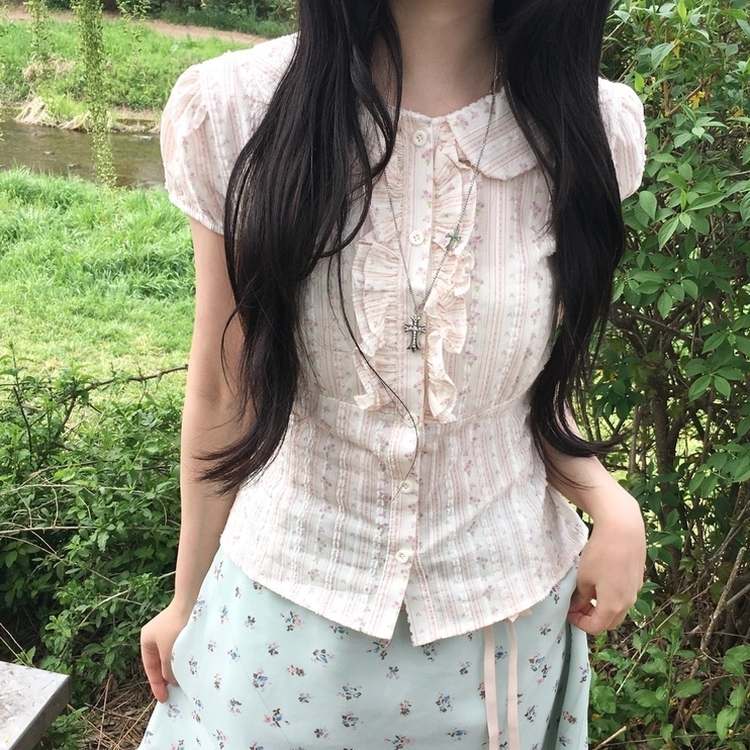 丸襟フリルバックリボン半袖ブラウス PINK