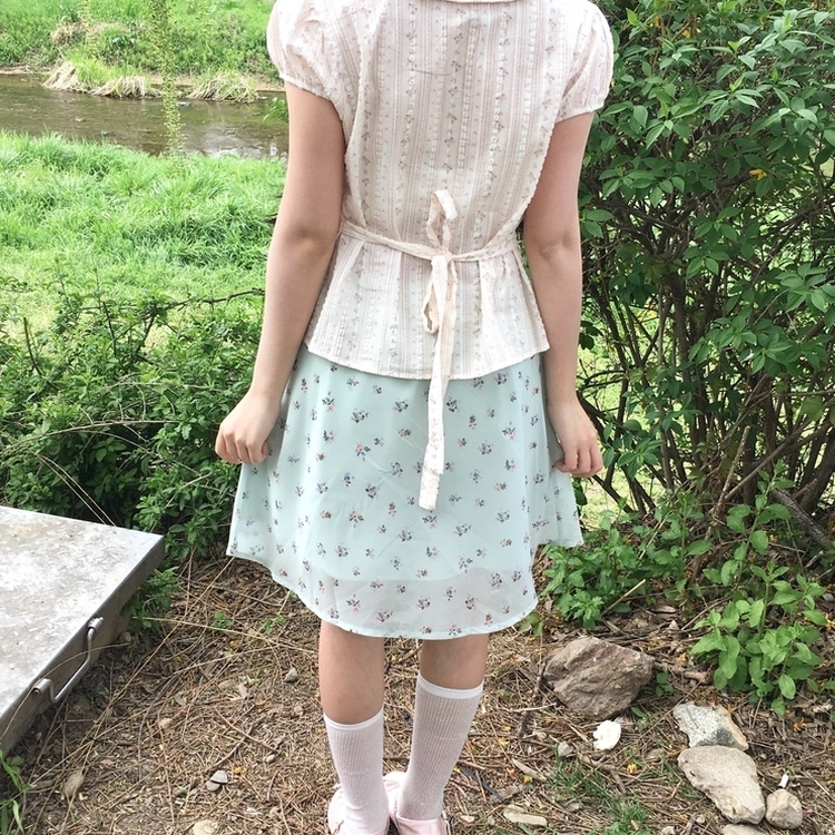 丸襟フリルバックリボン半袖ブラウス PINK