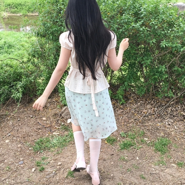 丸襟フリルバックリボン半袖ブラウス PINK