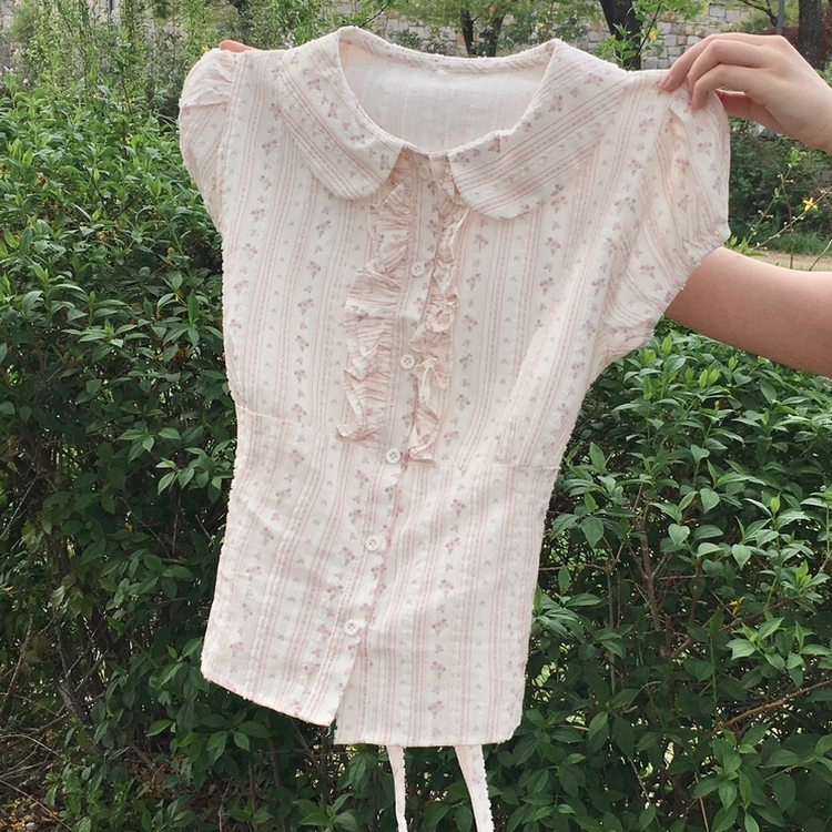 丸襟フリルバックリボン半袖ブラウス