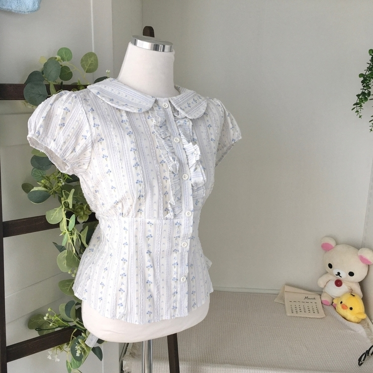 丸襟フリルバックリボン半袖ブラウス